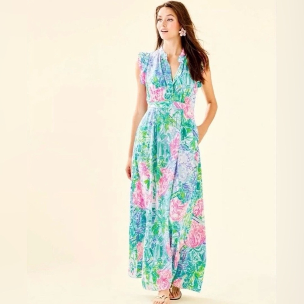 Lilly Pulitzer Palm Beach Silk Maxi Dress Multi Bohemian Queen print 🦄 size 0